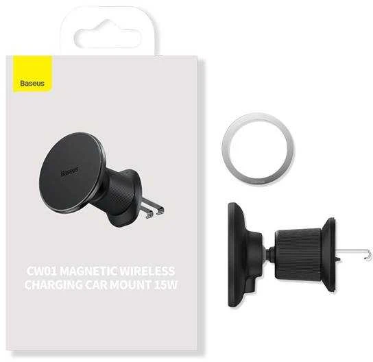 Magnetinis automobilinio telefono laikiklis Baseus CW01 prie ventiliacijos tinklelio su automobiliniu įkrovikliu USB-C, 15W + 25W (juodas)