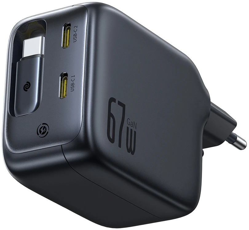 Baseus Sieninis įkroviklis EnerCore CJ11 67W 2xUSB-C su ištraukiamu USB-C kabeliu 0.8m, juodas