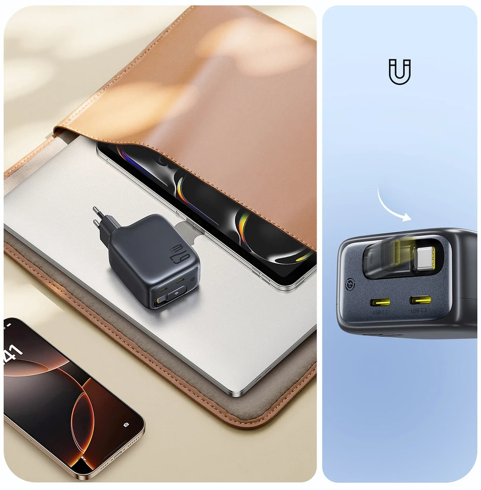 Baseus Sieninis įkroviklis EnerCore CJ11 67W 2xUSB-C su ištraukiamu USB-C kabeliu 0.8m, juodas