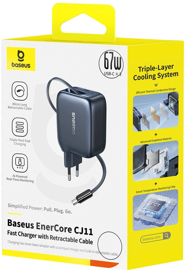 Baseus Sieninis įkroviklis EnerCore CJ11 67W 2xUSB-C su ištraukiamu USB-C kabeliu 0.8m, juodas