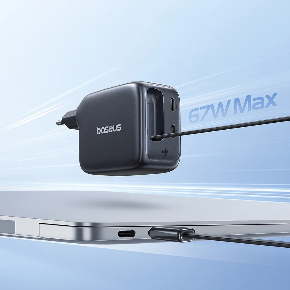 Baseus Sieninis įkroviklis EnerCore CJ11 67W 2xUSB-C su ištraukiamu USB-C kabeliu 0.8m, juodas