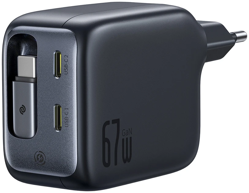 Baseus Sieninis įkroviklis EnerCore CJ11 67W 2xUSB-C su ištraukiamu USB-C kabeliu 0.8m, juodas