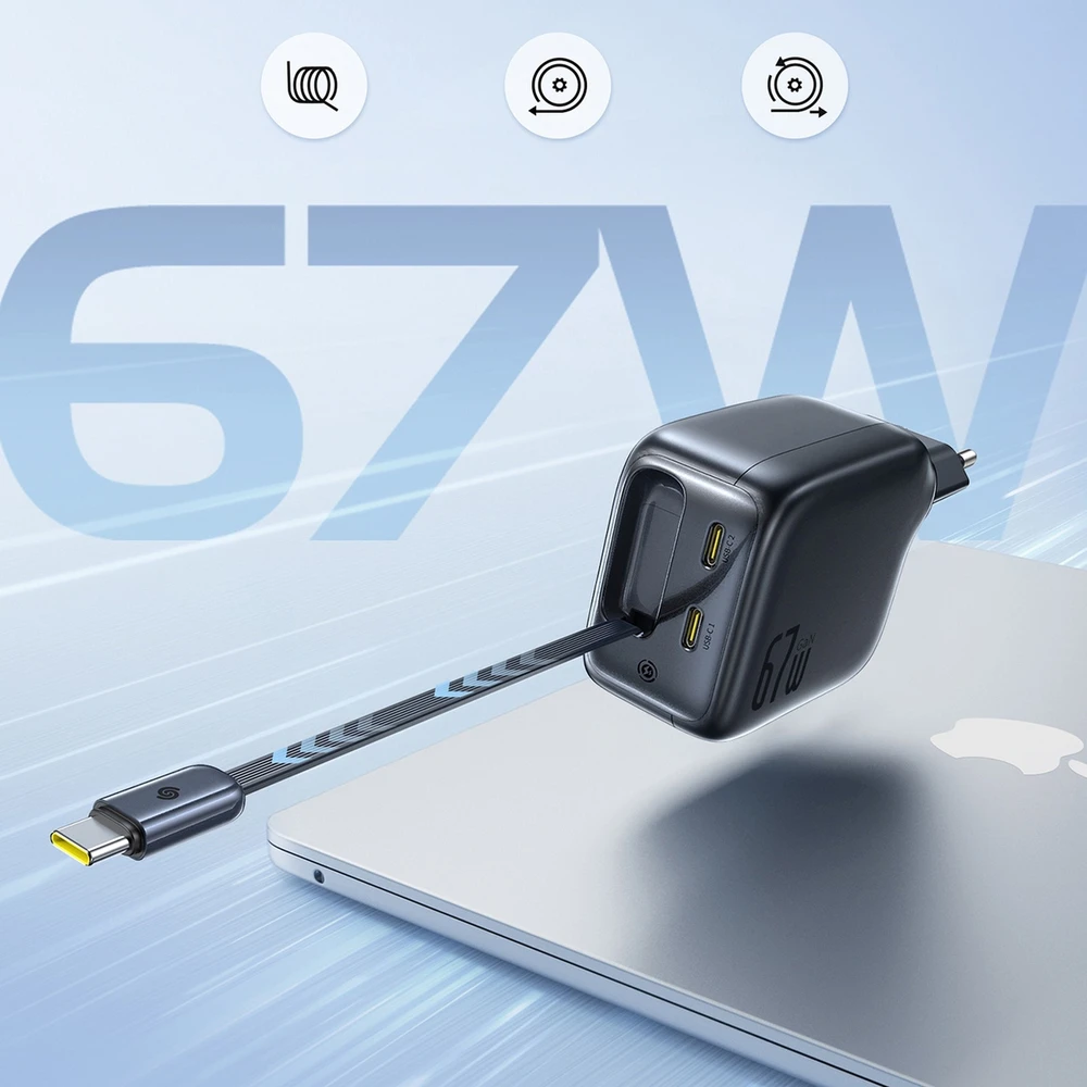 Baseus Sieninis įkroviklis EnerCore CJ11 67W 2xUSB-C su ištraukiamu USB-C kabeliu 0.8m, juodas