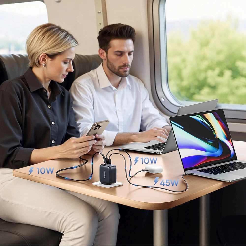 Baseus Sieninis įkroviklis EnerCore CJ11 67W 2xUSB-C su ištraukiamu USB-C kabeliu 0.8m, juodas