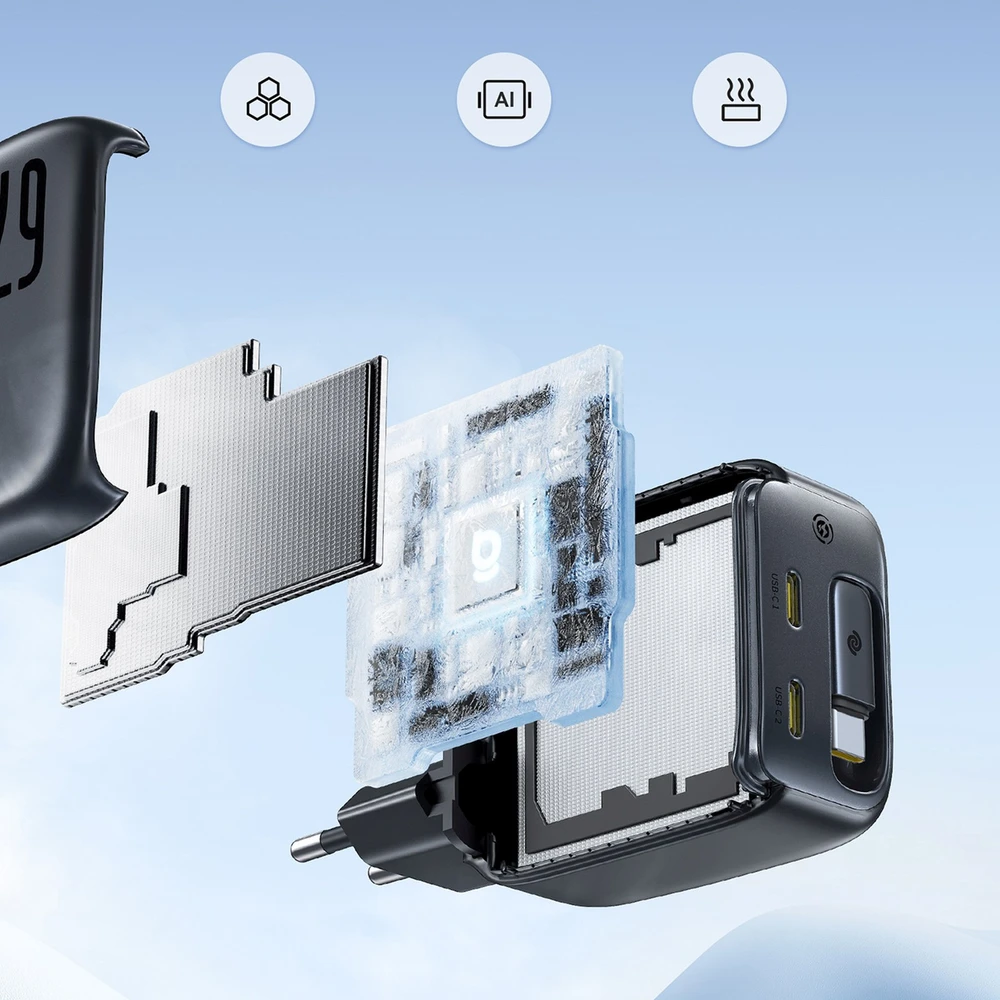 Baseus Sieninis įkroviklis EnerCore CJ11 67W 2xUSB-C su ištraukiamu USB-C kabeliu 0.8m, juodas