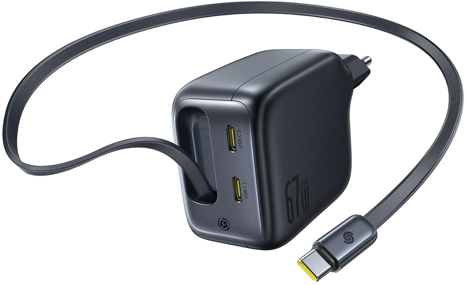 Baseus Sieninis įkroviklis EnerCore CJ11 67W 2xUSB-C su ištraukiamu USB-C kabeliu 0.8m, juodas