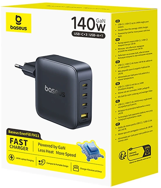 Baseus Sieninis įkroviklis EnerFill FH11 140W USB-A + 3xUSB-C QC PD3.1, juodas