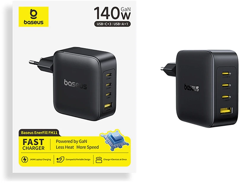 Baseus Sieninis įkroviklis EnerFill FH11 140W USB-A + 3xUSB-C QC PD3.1, juodas
