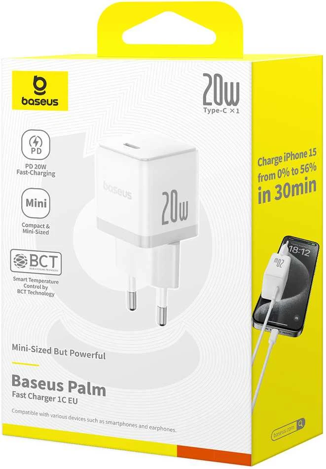 Baseus Sieninis įkroviklis Palm 20W USB-C QC3.0 PD3.0, baltas