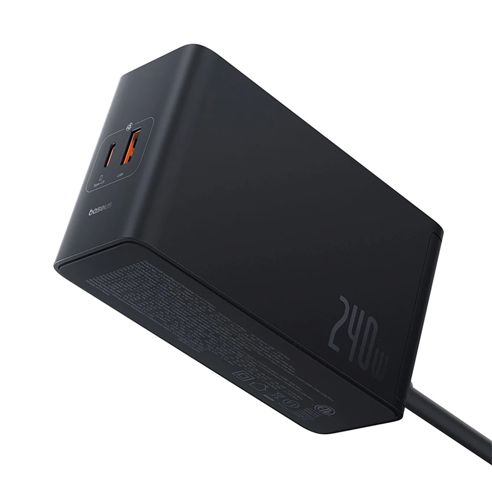 Skaitmeninis įkroviklis Baseus GaN, 3x USB-C + USB + DC, 240 W + kabelis 1 m (juodas)