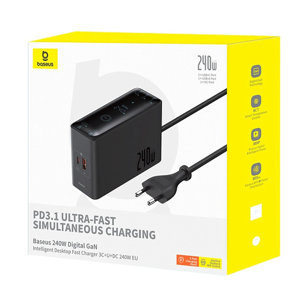 Skaitmeninis įkroviklis Baseus GaN, 3x USB-C + USB + DC, 240 W + kabelis 1 m (juodas)