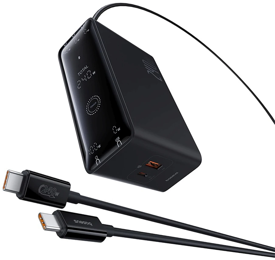 Skaitmeninis įkroviklis Baseus GaN, 3x USB-C + USB + DC, 240 W + kabelis 1 m (juodas)