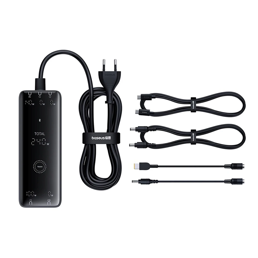 Skaitmeninis įkroviklis Baseus GaN, 3x USB-C + USB + DC, 240 W + kabelis 1 m (juodas)