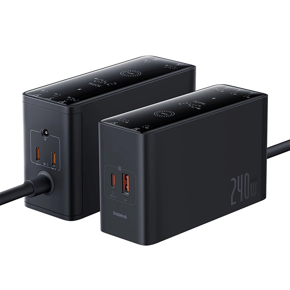 Skaitmeninis įkroviklis Baseus GaN, 3x USB-C + USB + DC, 240 W + kabelis 1 m (juodas)