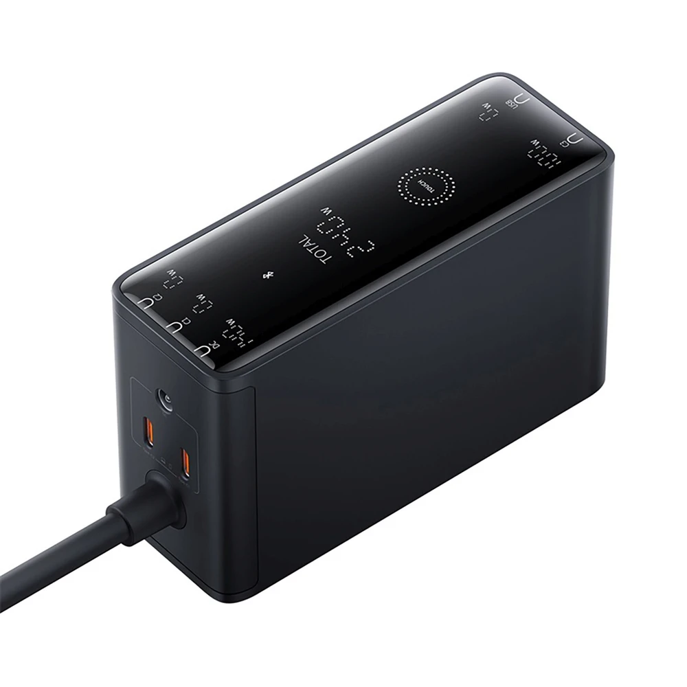 Skaitmeninis įkroviklis Baseus GaN, 3x USB-C + USB + DC, 240 W + kabelis 1 m (juodas)
