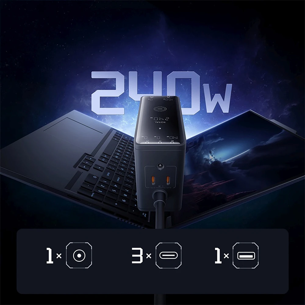 Skaitmeninis įkroviklis Baseus GaN, 3x USB-C + USB + DC, 240 W + kabelis 1 m (juodas)