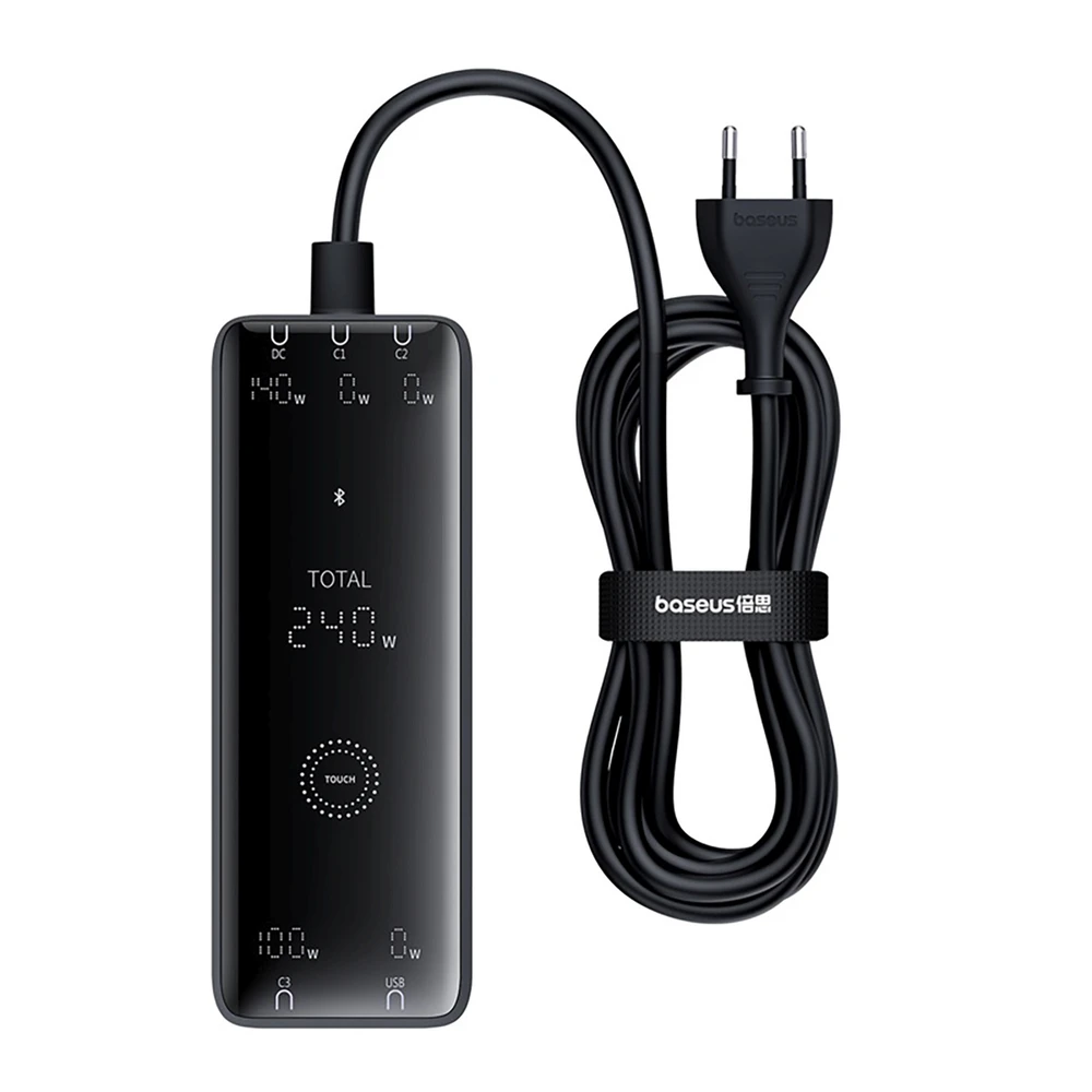 Skaitmeninis įkroviklis Baseus GaN, 3x USB-C + USB + DC, 240 W + kabelis 1 m (juodas)