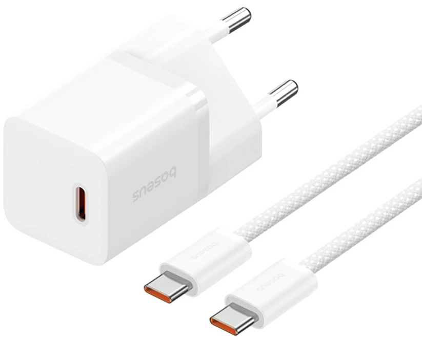 Baseus GaN5 USB-C 30W su kabeliu Baseus Dynamic 3 USB-C 100W 1m - balta