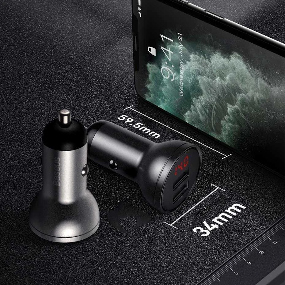 Baseus automobilinis įkroviklis 24W su 3-in-1 USB kabeliu 1.2m