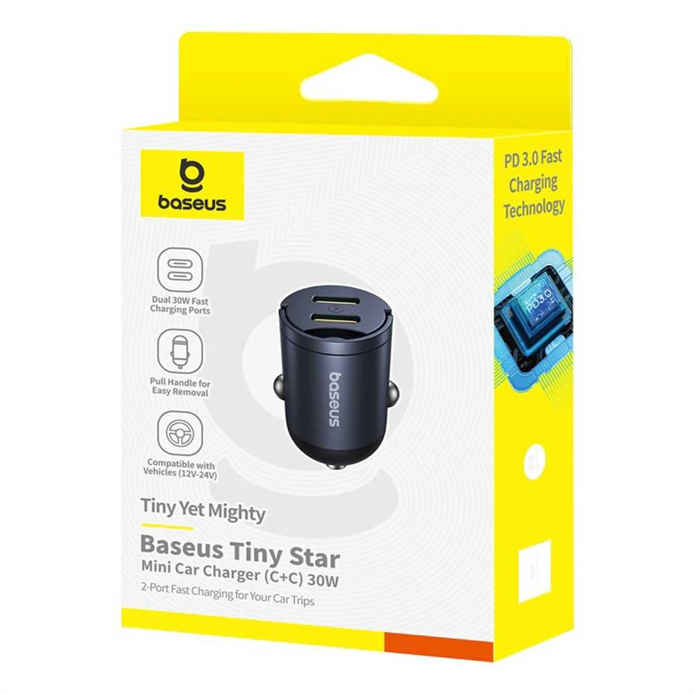 „Baseus Tiny Star Mini“ automobilinis įkroviklis USB-C/USB-C 30W „Cosmic“ juodos spalvos