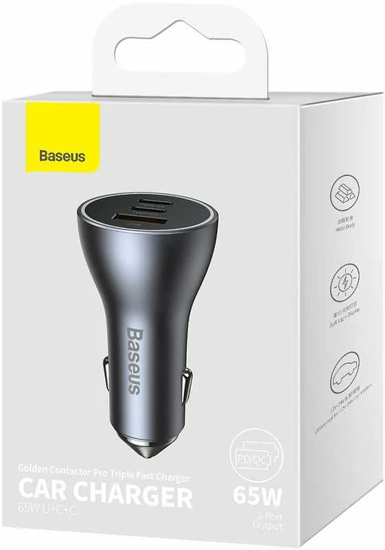 Baseus Automobilinis įkroviklis 12-24V 65W USB + 2xUSB-C QC4+ PD3.0, pilkas