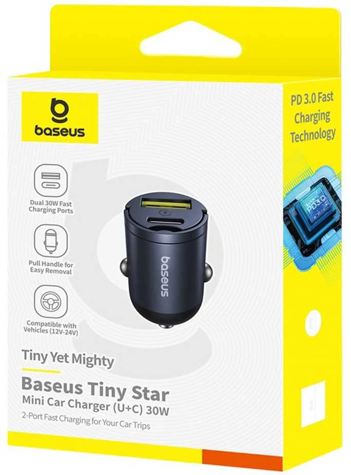 „Baseus Tiny Star“ mini automobilinis įkroviklis USB-A/USB-C, 30 W, „Cosmic Juodas“