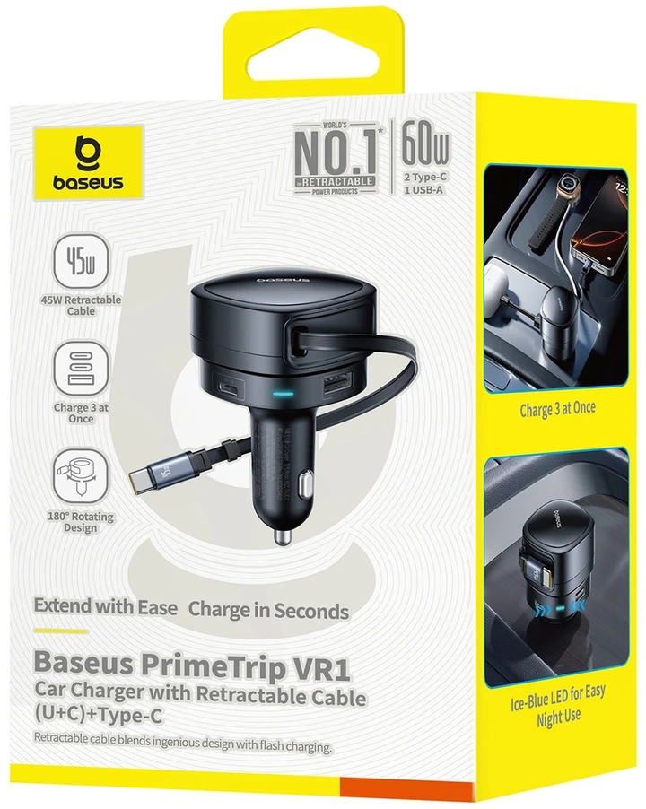 „Baseus PrimeTrip VR1“ 60 W USB-A USB-C su ištraukiamu USB-C laidu - juoda