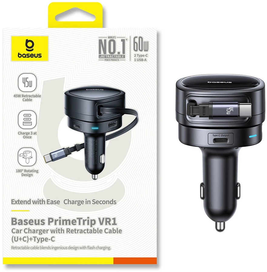 „Baseus PrimeTrip VR1“ 60 W USB-A USB-C su ištraukiamu USB-C laidu - juoda
