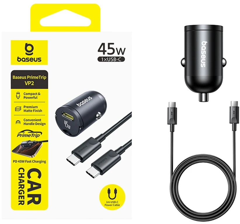 Įkroviklis automobilinis pakrovėjas Baseus PrimeTrip VP2 45W USB-C su kabeliu 60W USB-C į USB-C 1m - juoda