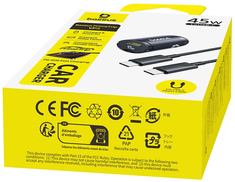 Įkroviklis automobilinis pakrovėjas Baseus PrimeTrip VP2 45W USB-C su kabeliu 60W USB-C į USB-C 1m - juoda