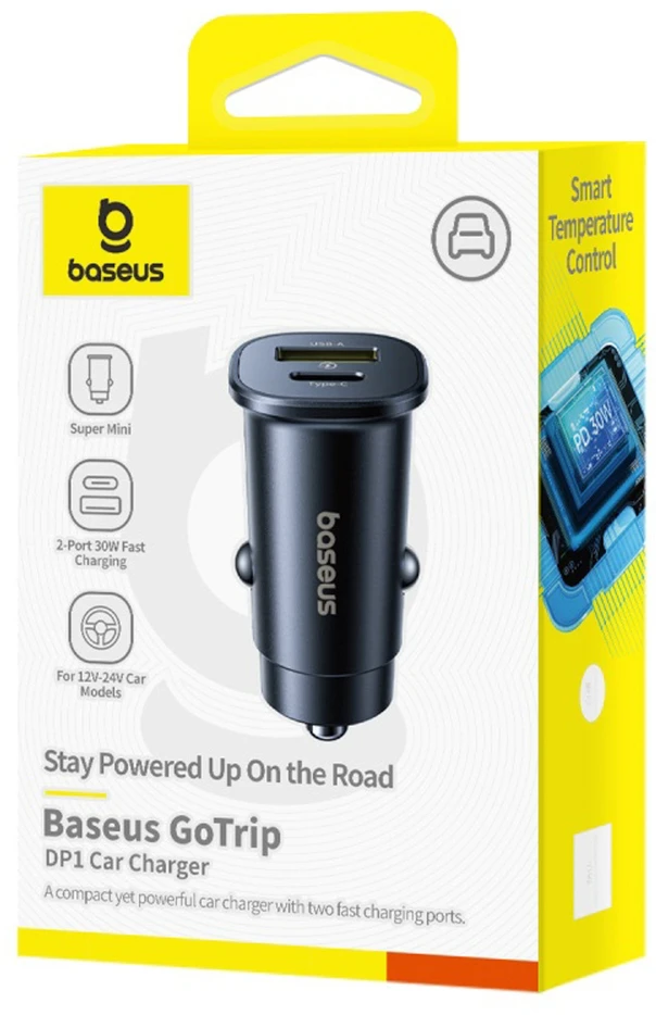 Baseus Automobilinis įkroviklis GoTrip 30W 12-24V USB-A + USB-C QC PD, juodas