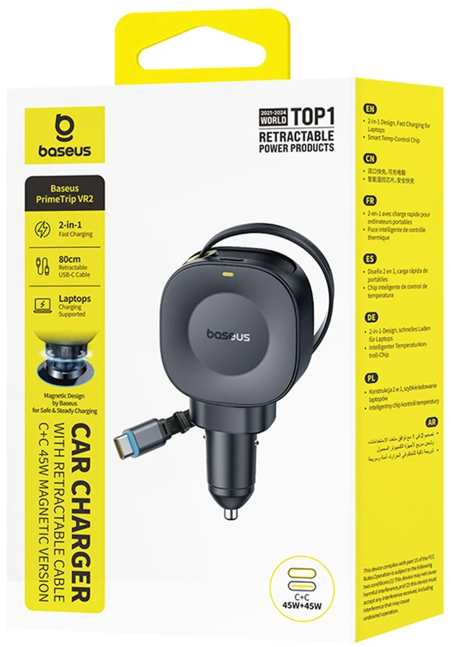 Baseus Automobilinis įkroviklis 12-24V 45W USB-C PD su ištraukiamu 0.8m USB-C laidu PrimeTrip VR2, juodas