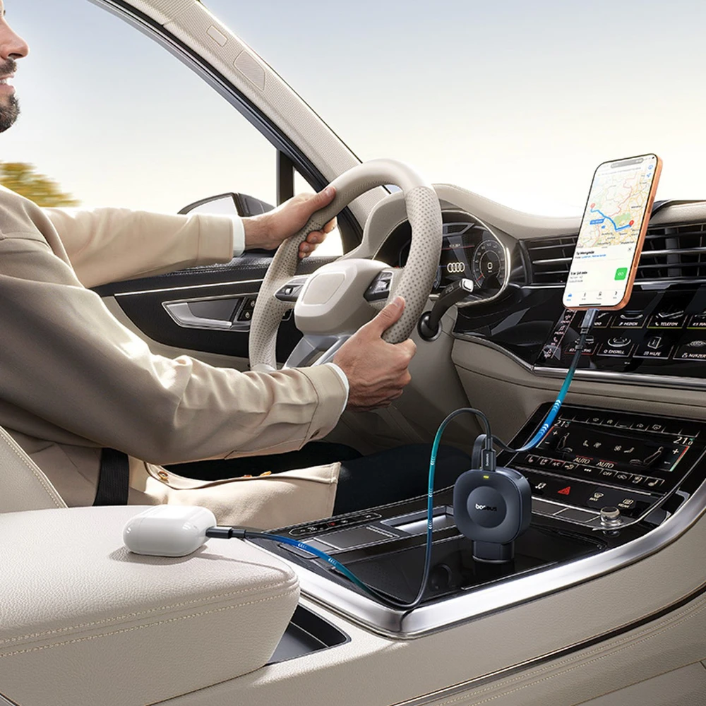 Baseus Automobilinis įkroviklis 12-24V 45W USB-C PD su ištraukiamu 0.8m USB-C laidu PrimeTrip VR2, juodas