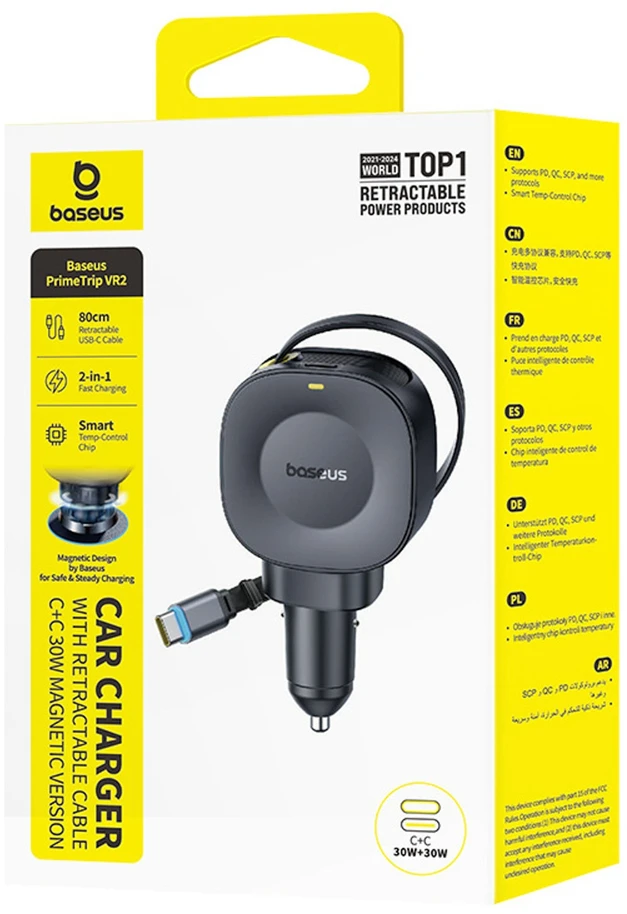 Automobilinis įkroviklis Baseus PrimeTrip VR2 30W + 30W su ištraukiamu USB-C laidu – Juodas