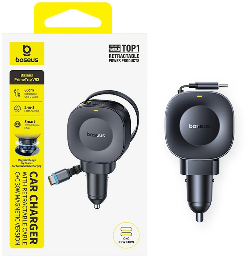 Automobilinis įkroviklis Baseus PrimeTrip VR2 30W + 30W su ištraukiamu USB-C laidu – Juodas