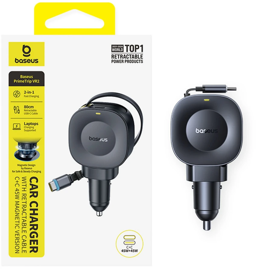 Baseus Automobilinis įkroviklis 12-24V 45W USB-C PD su ištraukiamu 0.8m USB-C laidu PrimeTrip VR2, juodas