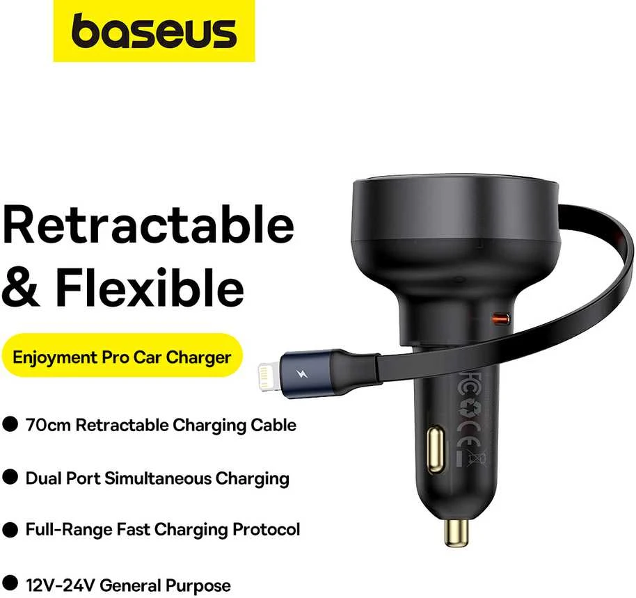 Automobilinis įkroviklis Baseus Enjoyment Pro su žaibo laidu + USB-C , 55 W (juodas)