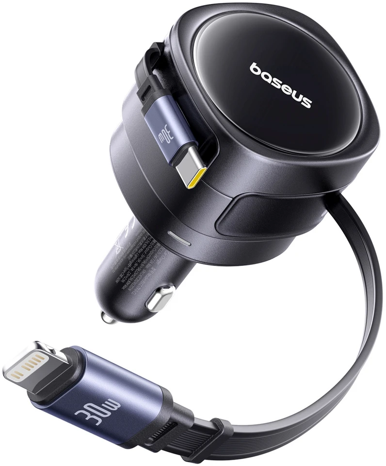 Baseus Enjoyment Max automobilinis įkroviklis with USB-C+Lightning cables 60W juodos spalvos