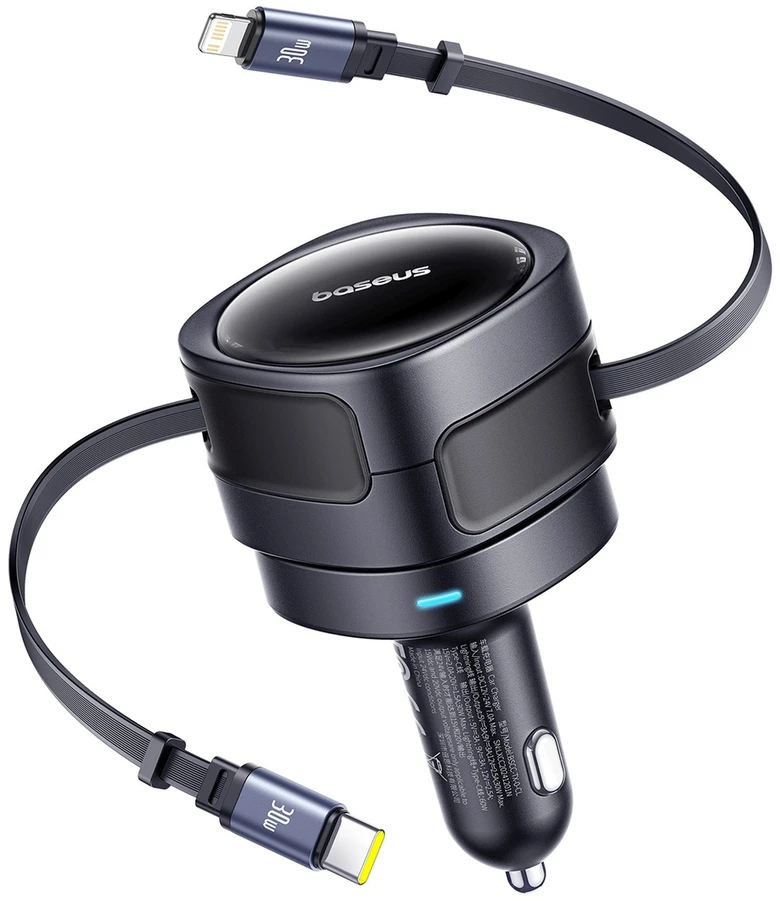 Baseus Enjoyment Max automobilinis įkroviklis with USB-C+Lightning cables 60W juodos spalvos