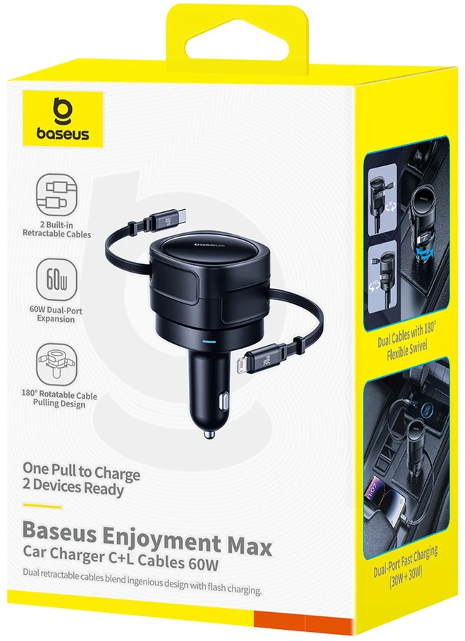 Baseus Enjoyment Max automobilinis įkroviklis with USB-C+Lightning cables 60W juodos spalvos
