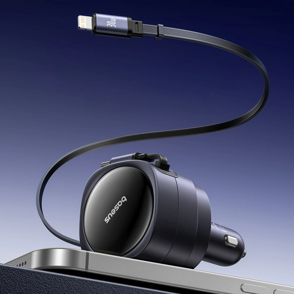 Baseus Enjoyment Max automobilinis įkroviklis with USB-C+Lightning cables 60W juodos spalvos