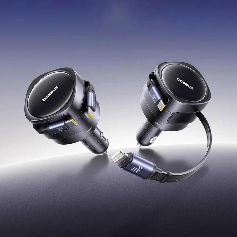Baseus Enjoyment Max automobilinis įkroviklis with USB-C+Lightning cables 60W juodos spalvos
