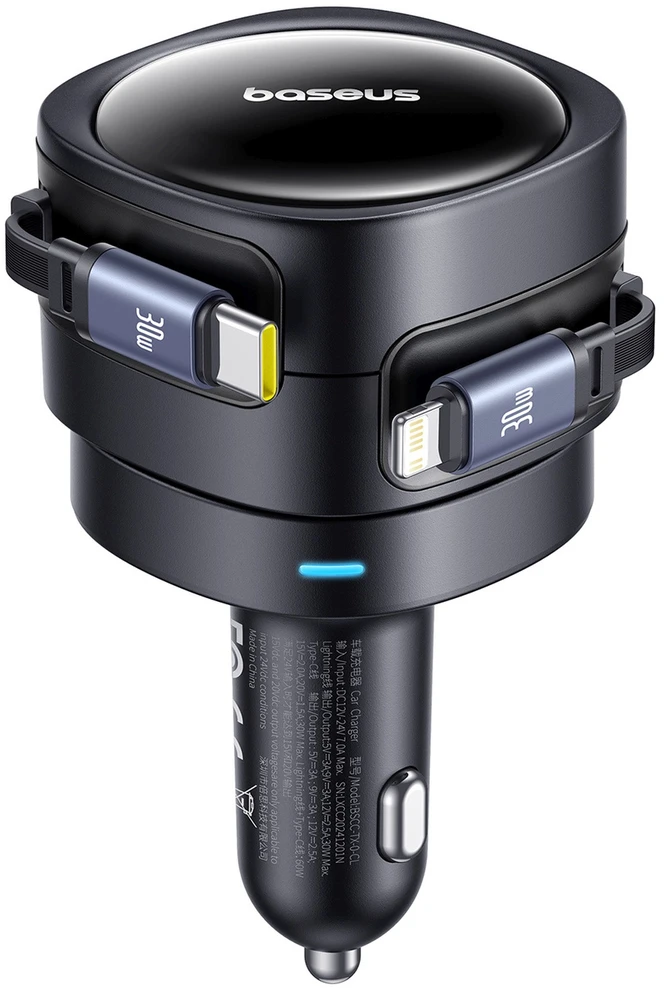 Baseus Enjoyment Max automobilinis įkroviklis with USB-C+Lightning cables 60W juodos spalvos