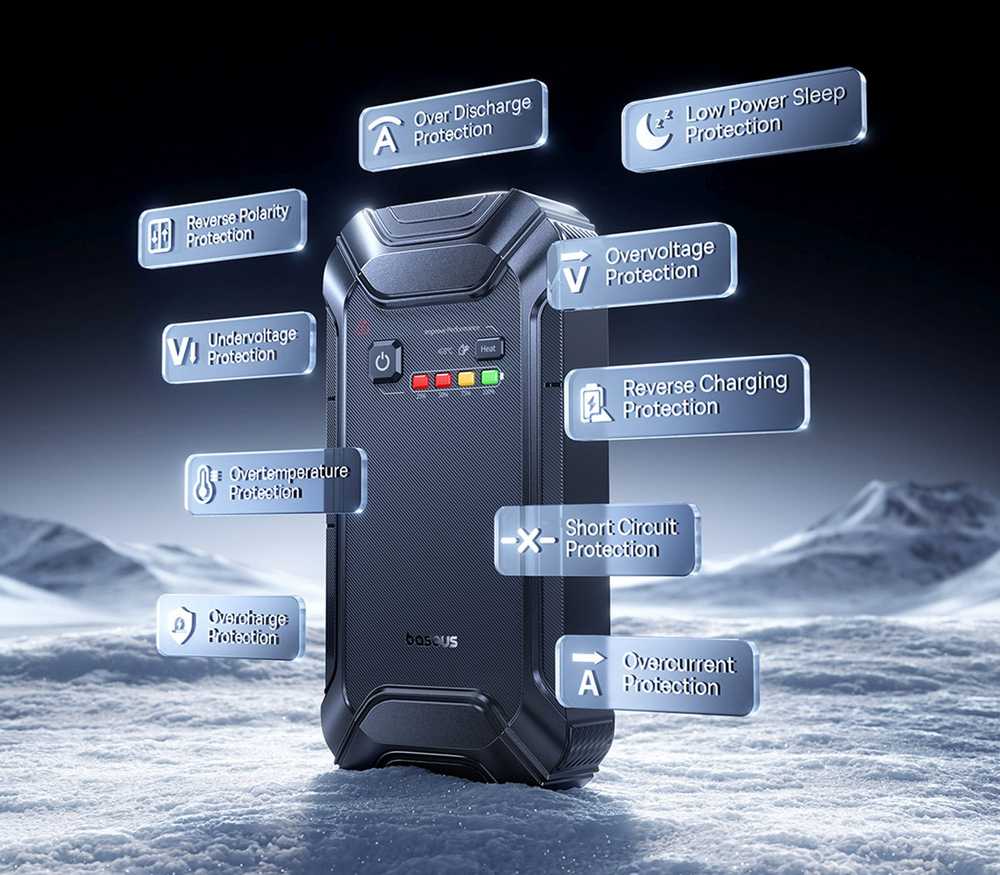 Išorinis akumuliatorius (Powerbank) su automobilio užvedimo funkcija max 5000A 44.4Wh su PTC pašildymu IP55 USB-A/USB-C 15W PrimeTrip VJ1 BASEUS