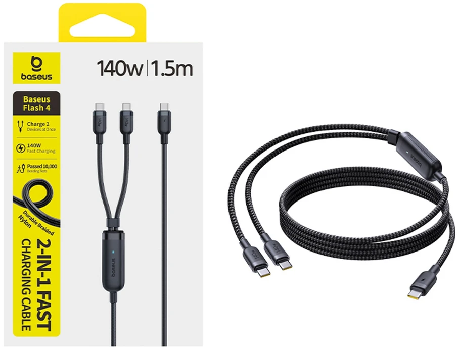 Baseus Flash 4 140W 2-in-1 USB-C į USB-C + USB-C laidas 1,5 m - juodas