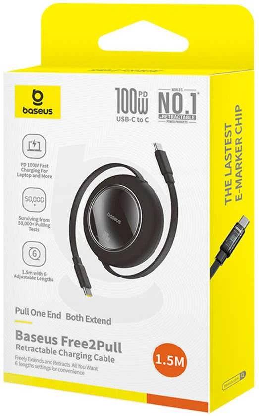 Kabelis USB C - USB C 1.5m 100W suvyniojamas juodas Free2Pull BASEUS