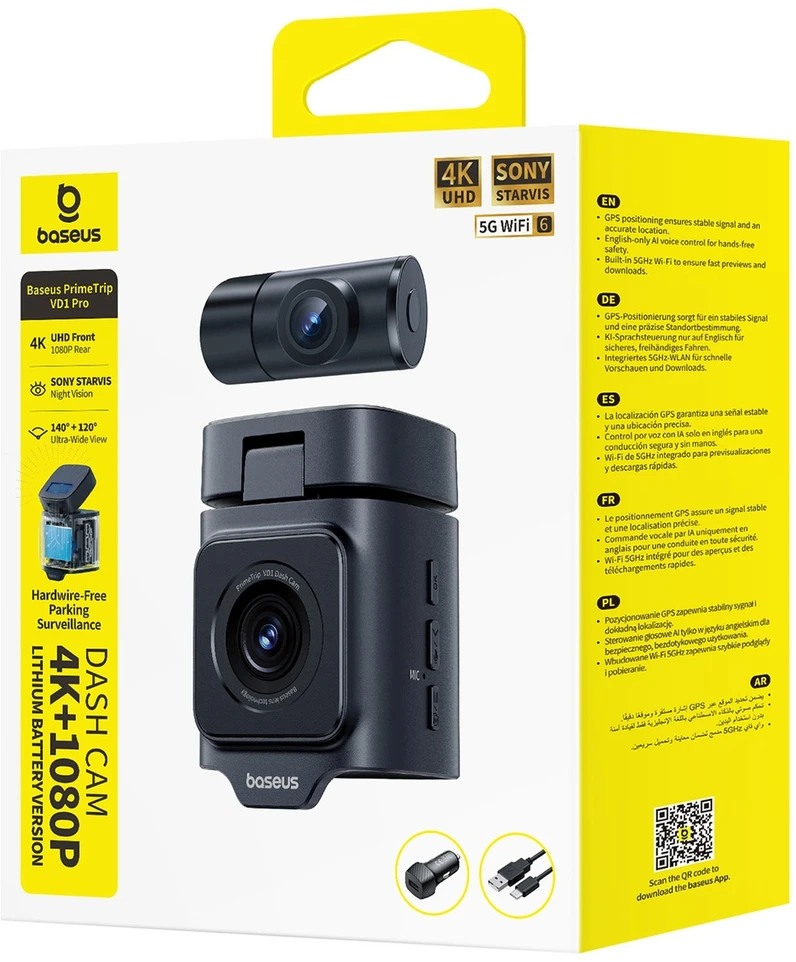 Baseus PrimeTrip VD1 Pro Car DVR 4K+1080p with Baterija - Juodas