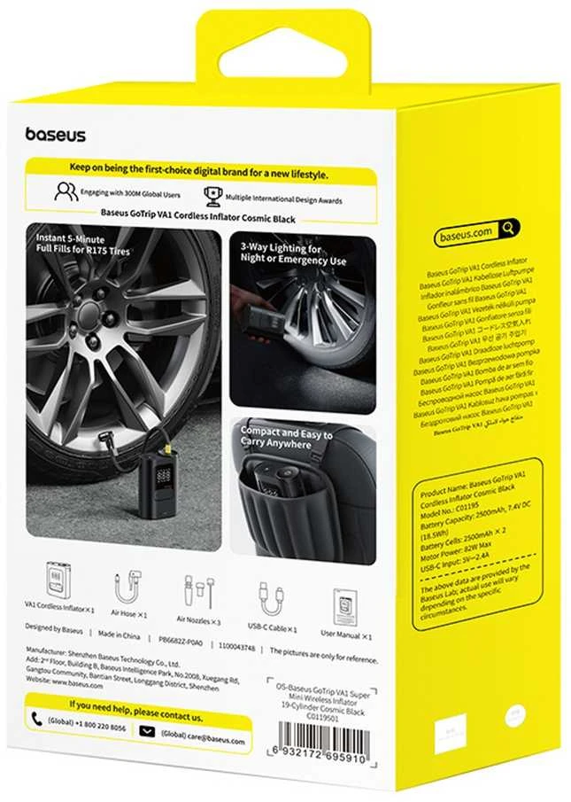 Baseus GoTrip VA1 Itin mini belaidis oro kompresorius su 3 antgaliais - Juodas