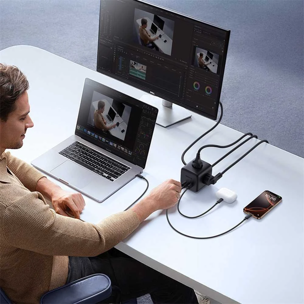 Baseus EnerFill FA11 67W Power Strip, USB-A + USB-C Cube + 3 x EU Socket 1.5m – juodos spalvos