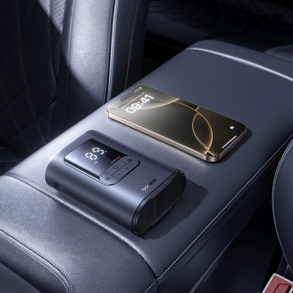 Automobilinis mini kompresorius, max 150 PSI belaidis (su akumuliatoriumi) VA1 GoTrip Dark Gray 2500mAh 11.1V 27.75Wh, Baseus